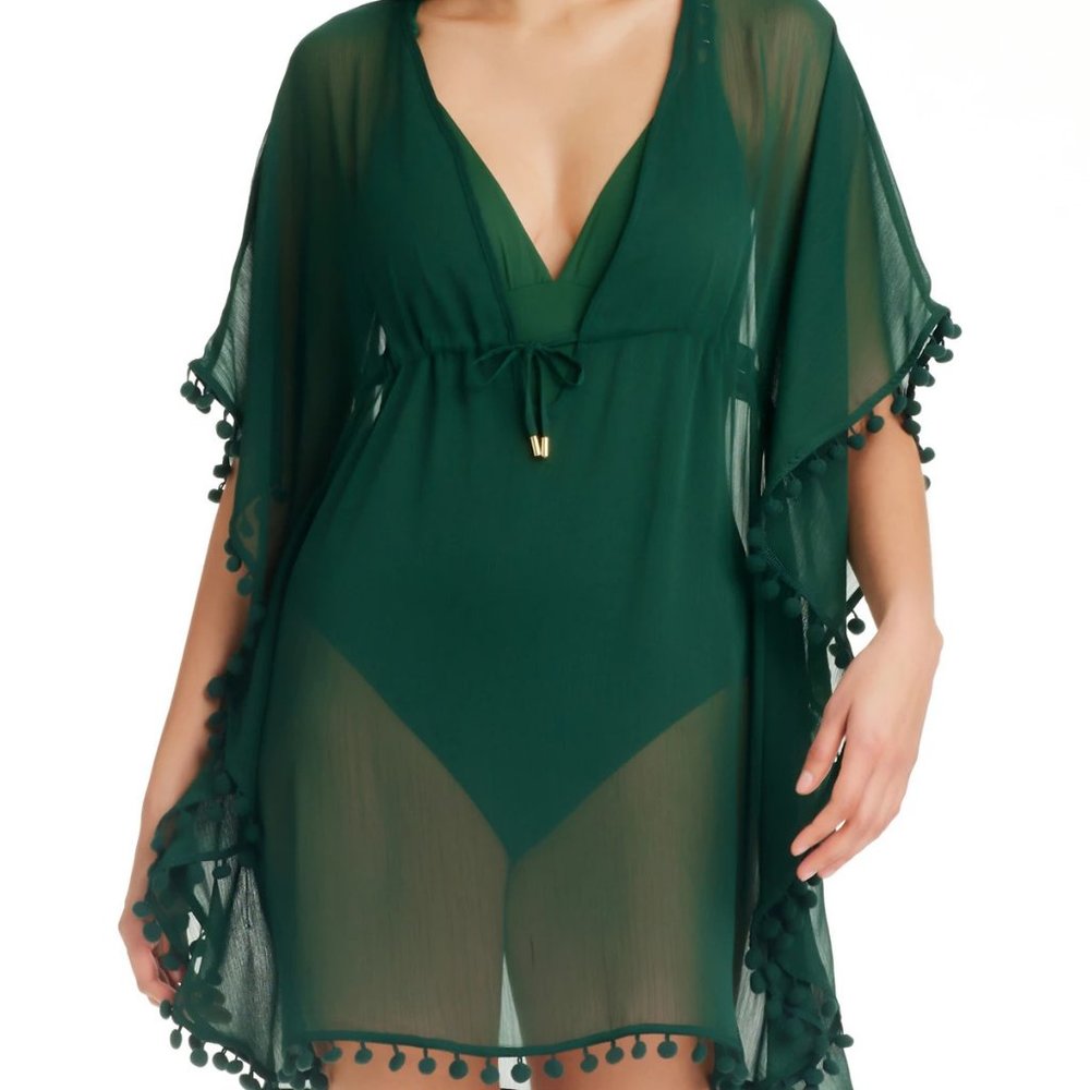 NWT! Bleu Rod Beattie Palm Green Pom Pom Trim Swimsuit Cover Up Tunic NEW!